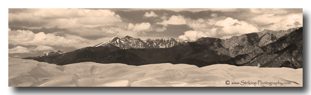 sand dunes Panorama1sepia600DSs The Great Sand Dunes and Sangre de Cristo Mountains Canvas and Stock Image